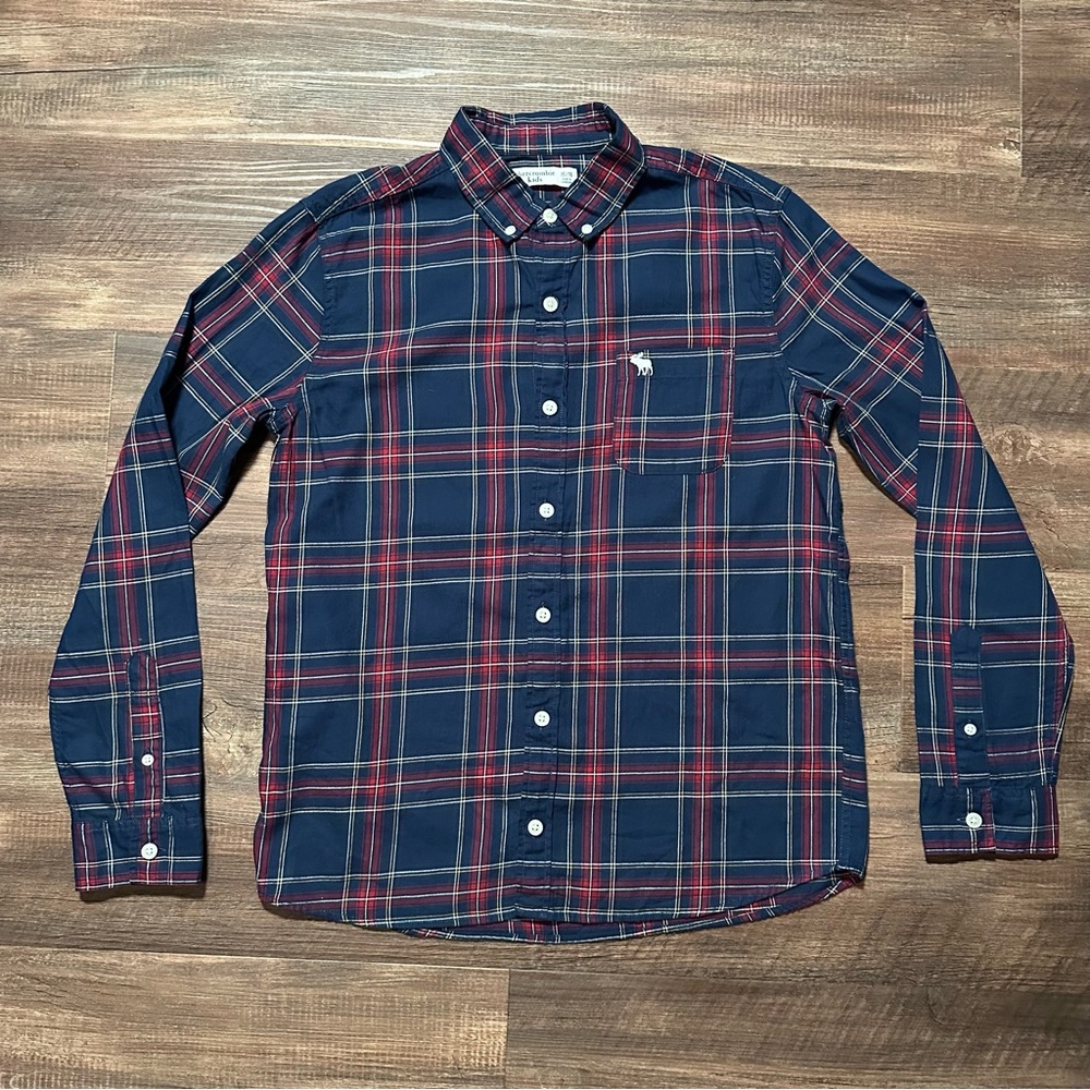 Abercrombie Kids Navy and Red Plaid Long Sleeve Button Down Shirt Size 15/16 Boy